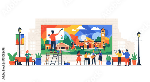 Vibrant Community Mural Painting Event with Diverse Participants and Colorful Artwork.