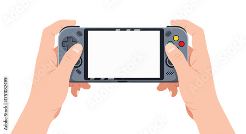 Hands holding a portable video game console with blank screen.