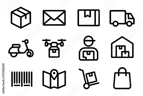 Delivery and shipping icons: flat line style packaging and logistic symbols