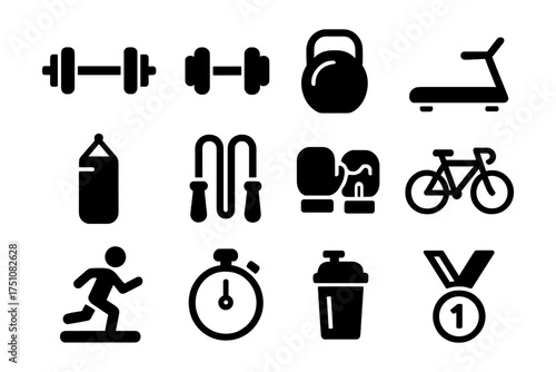 Fitness icons set: gym equipment, exercise symbols, sports graphics