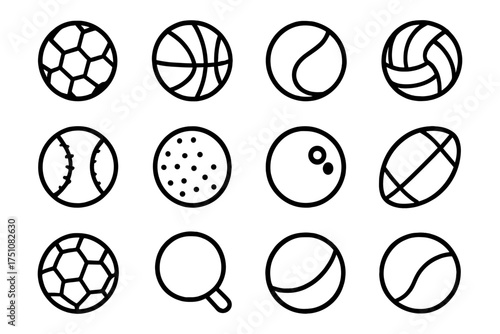 Set of outline sports balls icons: football, basketball, tennis, and more