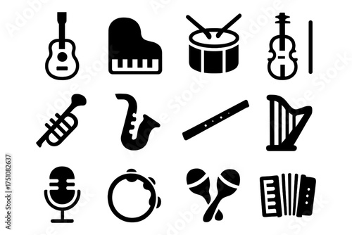 Bold black musical instrument icons set: guitar, piano, drums, violin, and more