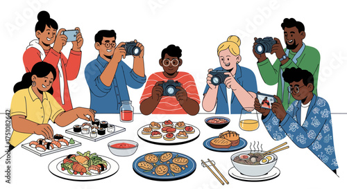 Diverse Group of Friends Photographing Delicious Food at a Table.