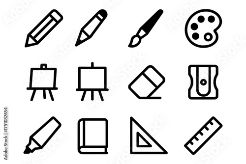 Minimalist art tools icons set - pencils, paintbrush, easel, palette, and more