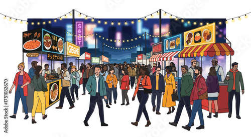 Bustling Night Market Scene with Diverse Crowd and Food Stalls.