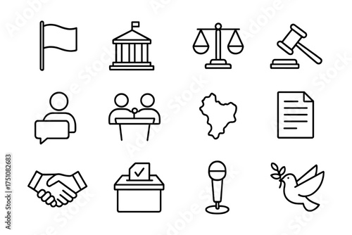 Simple outline icons of justice, politics, and communication symbols