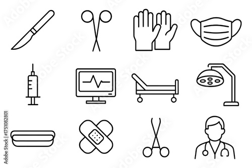Surgical instruments and medical equipment collection in minimalist line art style