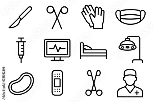 Medical equipment icons set: surgical, protective, and monitoring tools in linear style