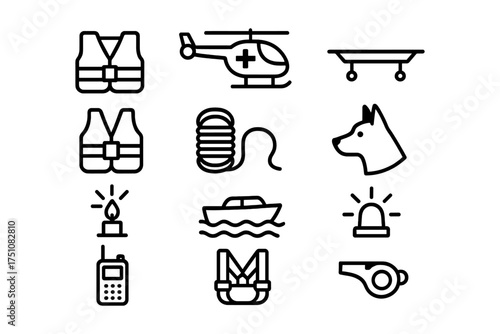 Emergency equipment line icons: rescue gear, safety tools, life savers for crisis response