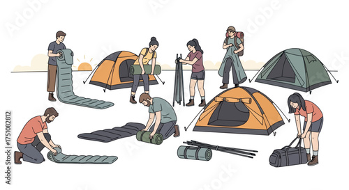 Illustrated collection of diverse people setting up tents and packing camping gear for an outdoor adventure.