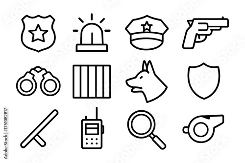 Linear law enforcement icons set: badge, siren, handcuffs, and more