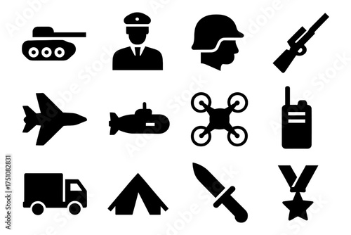 Military silhouettes: weapons, vehicles, and symbols in black icons set