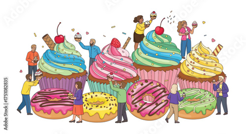 Whimsical illustration of tiny people interacting with giant colorful cupcakes and donuts.