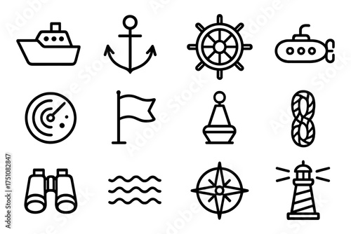 Nautical icons collection: marine symbols in simple linear style