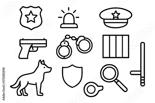 Essential police icons set: handcuffs, gun, badge, and more in bold linear design