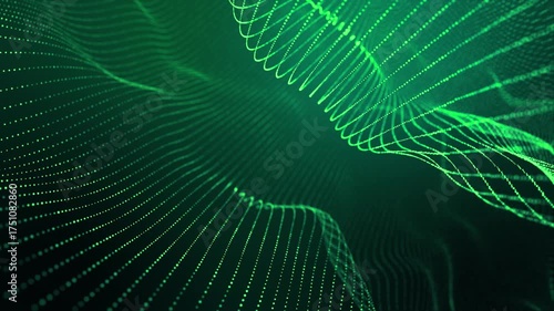 4k looped abstract green background of glow particles. A mesmerizing green wave, composed of countless shimmering particles, evoking a sense of futuristic wonder and technological advancement.