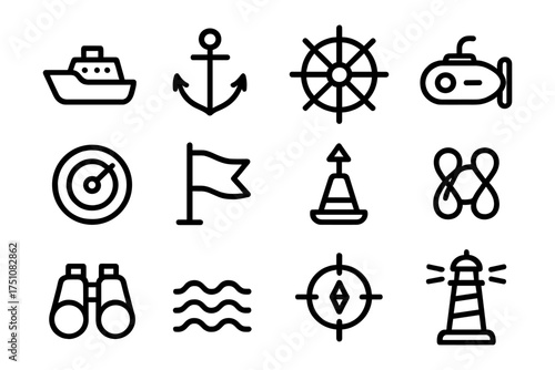 Nautical icon set featuring marine symbols in minimalist linear style