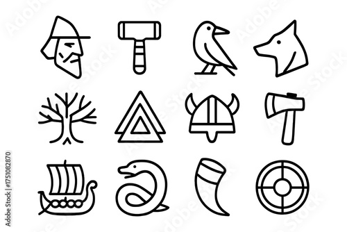 Norse icon set featuring viking symbols and mythical creatures in simple outline style