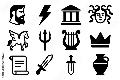 Ancient greek symbols set: mythology icons in bold black silhouette design