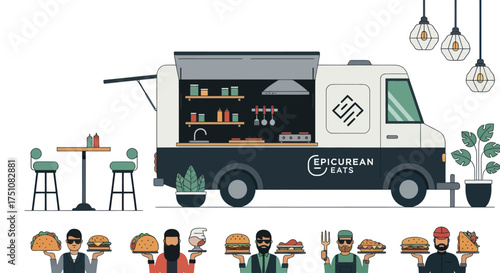 Illustrated Food Truck with Epicurean Eats Logo and Surrounding Elements.