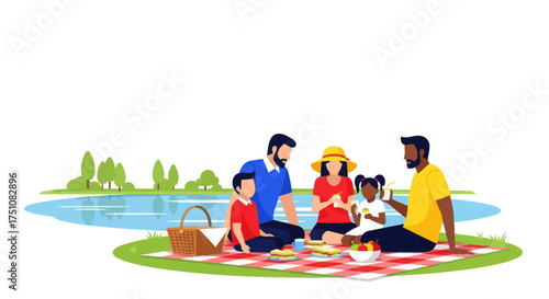 Family Enjoying Picnic by the Lake with Food and Drinks.