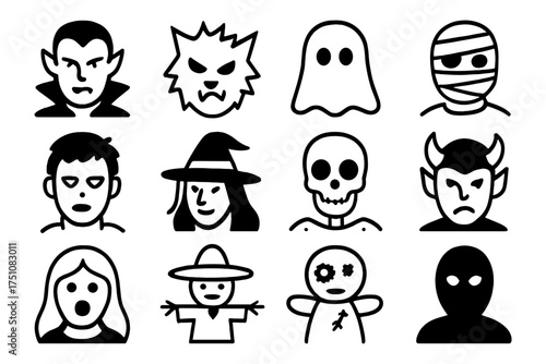 Halloween icons: spooky characters in black and white line art design