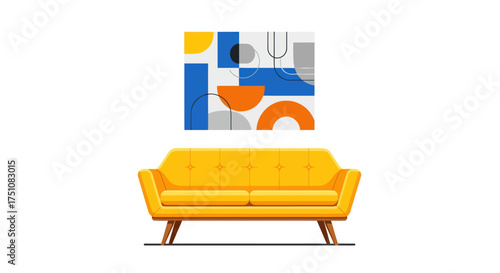 Bright yellow mid-century modern sofa below a colorful abstract geometric painting.