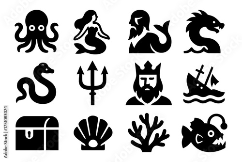 Silhouette icons of mythical sea creatures and nautical elements