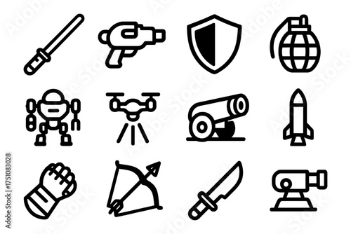 Collection of linear weapons and defense icons including drone and shield