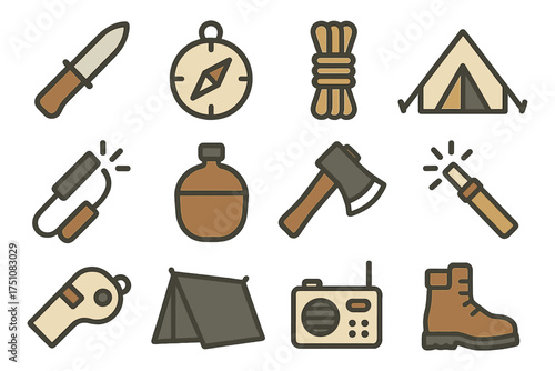 Essential camping gear icons: knife, tent, compass, axe, boot, and more