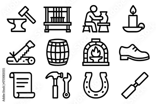 Set of craftsmanship icons featuring tools and crafts in linear design