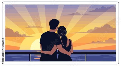 Couple Embracing Watching a Romantic Sunset Over the Ocean Horizon.