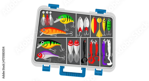 Assortment of colorful fishing lures and tackle in a clear plastic organizer box.
