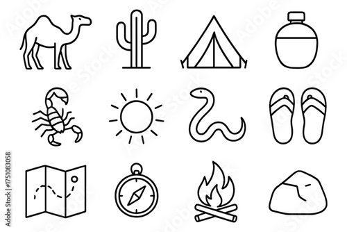 Desert adventure icons collection: wilderness, camping, and survival essentials in line art