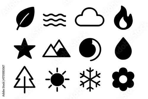 Minimalist nature icons set featuring symbols for weather, vegetation, and elements
