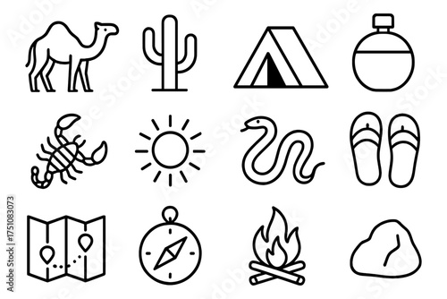 Desert adventure icons set featuring camping, wildlife, and travel elements in bold linear style