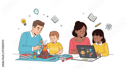 A diverse family learning together with parents teaching children science using a volcano model and a laptop.