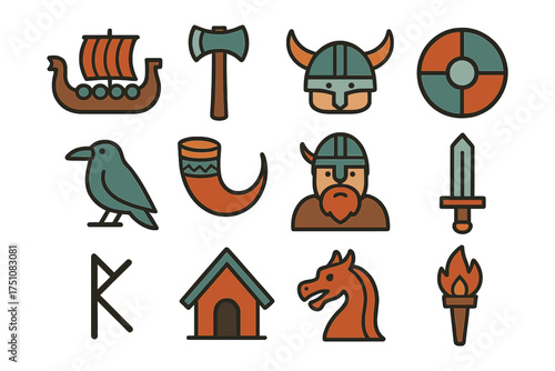 Viking symbols and tools collection in bold flat style