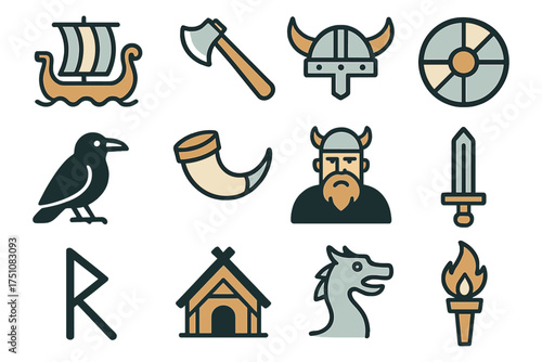 Viking icons set: norse symbols and tools in flat style for design projects