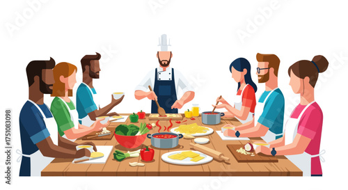 Diverse Group Learning to Cook with Professional Chef in Culinary Class.