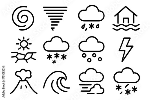Weather icons collection featuring linear designs for diverse climate conditions