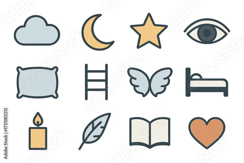 Minimalist sleep and dream icons set: cloud, moon, and bedtime essentials