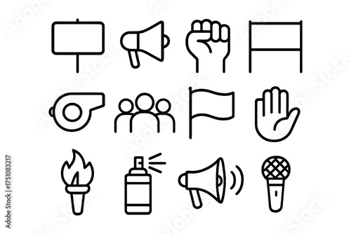 Activism and protest icons: line art symbols for social awareness and campaigns