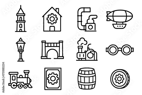 Steampunk icons set: historical and industrial design elements in linear style