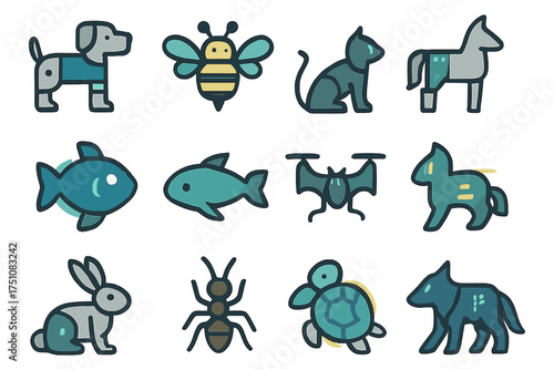 Colorful animal icons set featuring cats, dogs, fish and more in modern flat style
