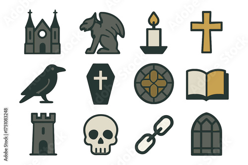 Gothic icon set: church, gargoyle, cross, candle, and more