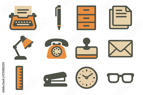 Retro office icons set with vintage style and classic stationery elements