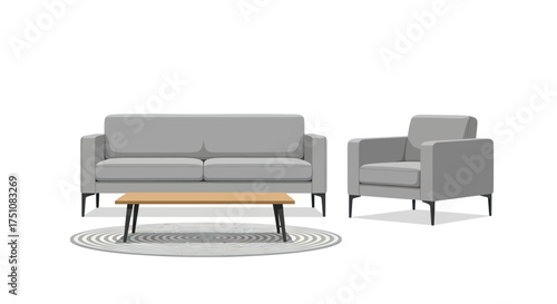 Modern Living Room Set with Gray Sofa Armchair and Wooden Coffee Table.