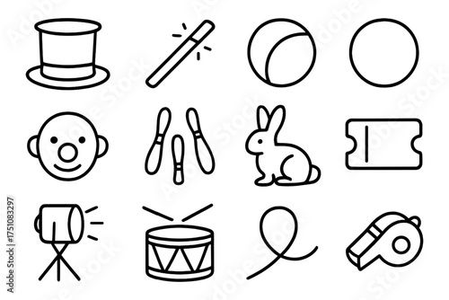 Circus elements collection: linear icons of fun and entertainment