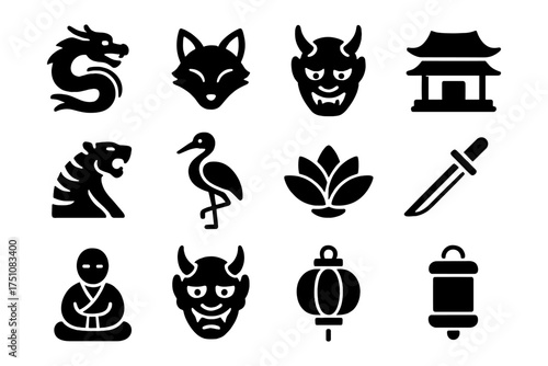 Asian cultural symbols: dragon, fox, demon, and more in bold silhouette style
